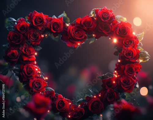 Heart shaped wreath of red rose bloom with delicate fairy lights creating romantic warm glow and soft bokeh background