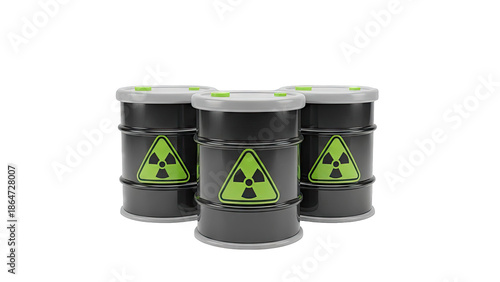 Three Radioactive Waste Barrels with Warning Symbols
