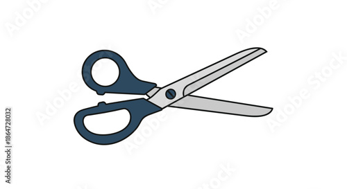 Pair of sharp steel scissors with dark blue plastic handles shown open and ready for cutting on a plain white background.