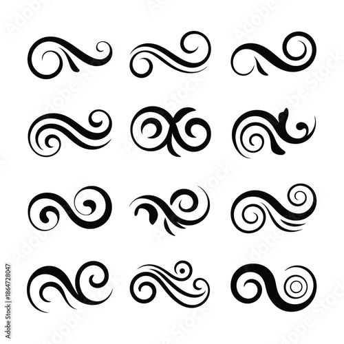 Collection of elegant black swirl design elements and flourishes on white background