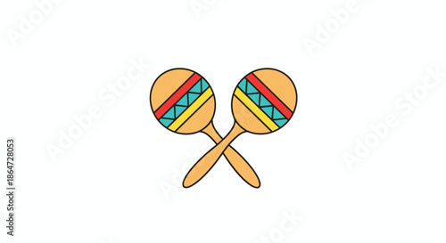 Pair of crossed colorful wooden maracas with red, yellow, and blue stripes for Latin music and festive celebration themes.