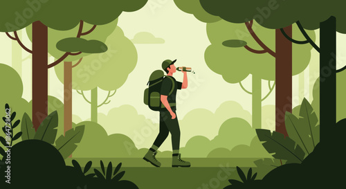 Hiker with backpack drinking water in lush green forest, flat design