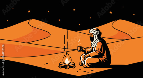 Man in desert at night by campfire, drinking hot beverage