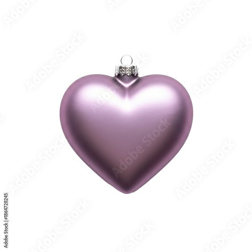 A lustrous metallic pink heart-shaped Christmas ornament with a hanging loop, isolated on a white background