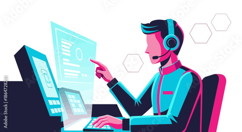 Man in headset interacting with futuristic holographic interface