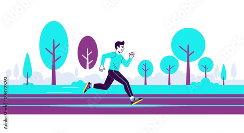 Man jogging in park, flat design illustration, healthy lifestyle, fitness outdoor activity.