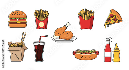 Variety of fast food items featuring a burger, fries, pizza, hot dog, fried chicken, noodles, soda, and condiments in a flat style.