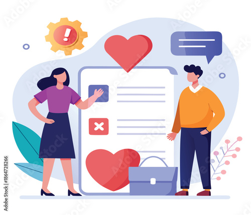 Couple using dating app on phone with hearts and messages