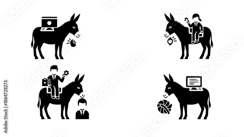 Metaphorical Donkey Character Set Featuring Digital Technology Workloads Human Riders Professional Interactions And Remote Office Concepts