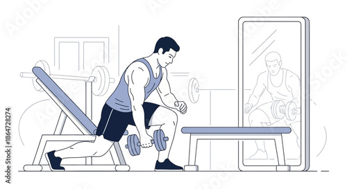 Man lifting dumbbell in gym, watching reflection in mirror, fitness and workout concept illustration