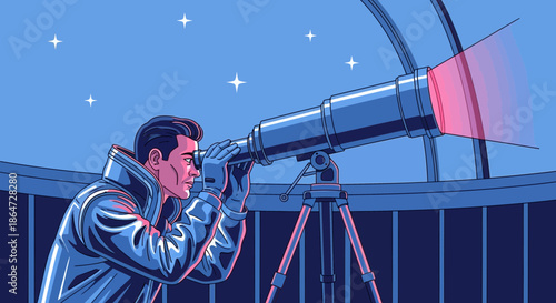 Man Looking Through Telescope at Night Sky with Stars