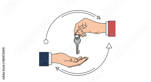 Two hands in business suits exchanging a single metal key with circular arrows symbolizing a transaction or property handover.