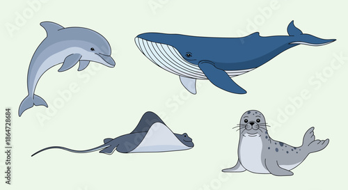 Group of various sea animals including a dolphin, a blue whale, a stingray, and a leopard seal swimming together in an ocean theme.