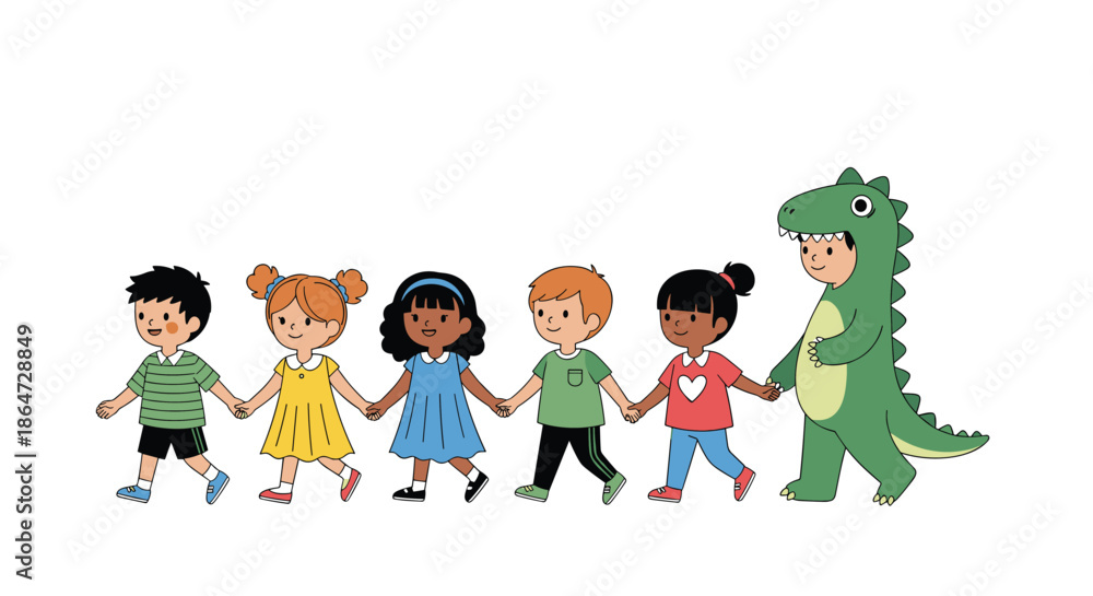 Fototapeta premium Diverse group of young children holding hands and walking together in a line with one child dressed in a green dinosaur costume.