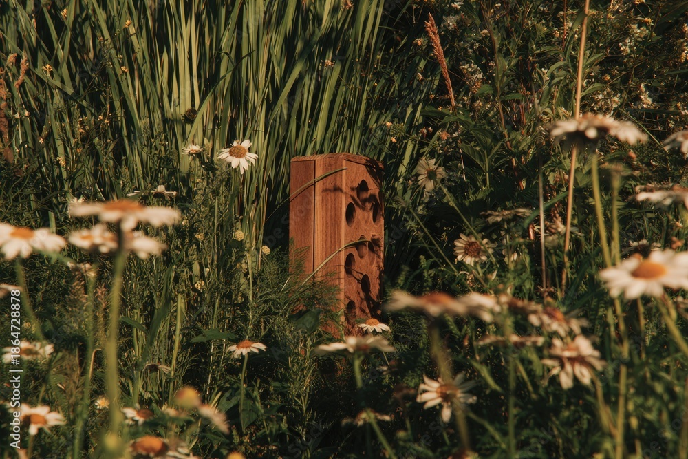 Obraz premium Rustic bee hotel nestled among wildflowers, promoting pollinator