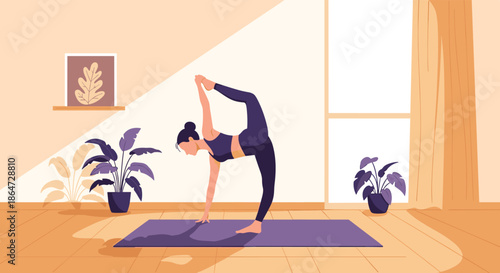 Athletic woman practicing a challenging yoga pose on a purple mat in a bright and airy home studio filled with house plants.