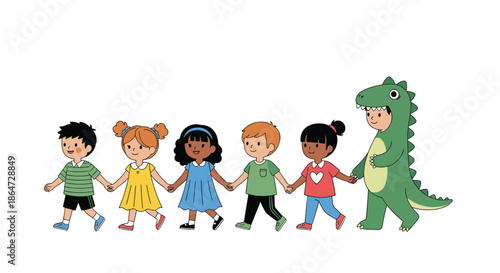 Diverse group of young children holding hands and walking together in a line with one child dressed in a green dinosaur costume.