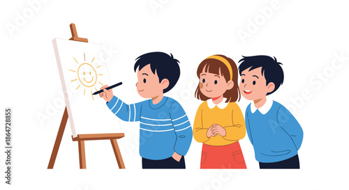 Three happy young children gathered around an easel watching their friend draw a smiling sun on a white canvas in an art class.