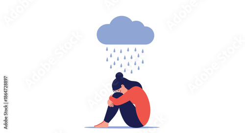Depressed woman sitting on the floor with her knees hugged to her chest as a small blue rain cloud pours water over her.