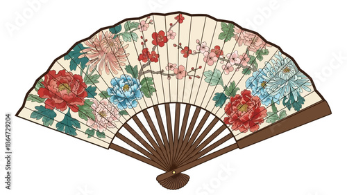 Asian Handheld Fan with Page Page Flowers.