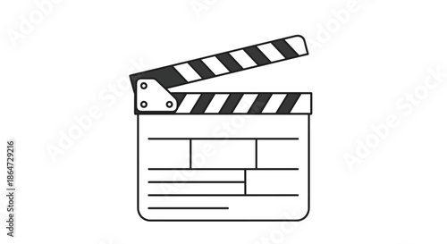Traditional black and white film clapperboard used in movie production shown in a semi open position against a white setting.
