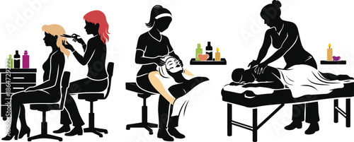 Beauty and Wellness: A collection of stylized silhouettes showcasing the different facets of beauty and wellness treatments, from hairstyling to massage therapy.