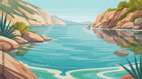 Flat vector illustration of a serene coastal lagoon with cliffs, rocks, and soft reflections in pastel blues and greens.