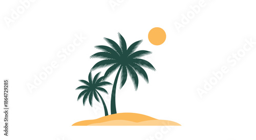 Two green palm trees of different heights standing on a small sandy island under a bright orange sun against a white sky.