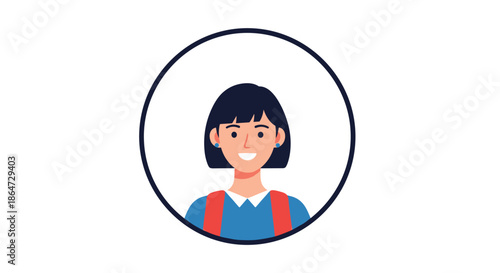 Friendly young woman with short dark hair and a bright smile framed within a circular border against a white background.