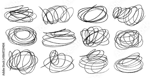 Scribble messy set. Pen or marker texture doodle sketch. Hand drawn line messy scribble. Pencil, marker, pen, brush, crayon scrawl scratch. Expressive and complicated squiggly paint. Curve stroke bg