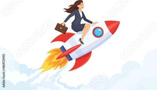 Businesswoman on a Rocket: A determined businesswoman soars towards the sky on a rocket ship, symbolizing ambition, success, and forward-thinking in the business world.