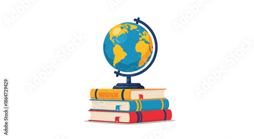 Detailed world globe mounted on a stand and placed on top of a stack of three colorful hardcover books for education.
