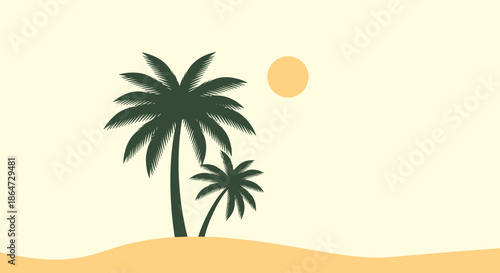 Dark green silhouettes of two palm trees on a sandy dune under a large setting sun in a warm minimalist tropical landscape.