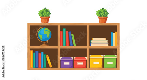 Wooden bookshelf organized with colorful books, a world globe, two green potted plants, and various storage boxes on shelves.