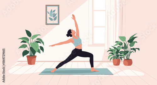 Young woman practicing a yoga pose in a bright living room surrounded by large green potted plants and natural sunlight.
