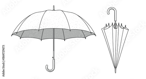 Set of two umbrellas featuring one fully open grey canopy and one tightly closed umbrella with a curved white handle.