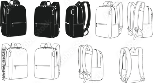 Backpack silhouette and line art set showing front side back views modern school travel bag vector illustration isolated