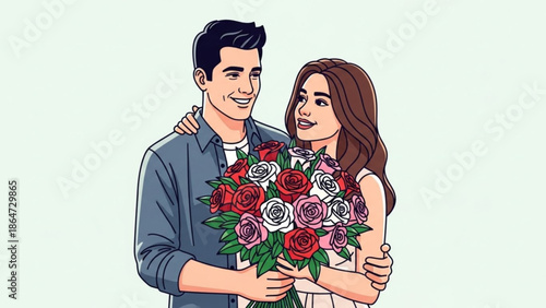 A cartoon illustration of a smiling couple embracing and holding a bouquet of colorful roses together.
