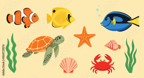 Collection of various sea creatures including a turtle, clownfish, crab, starfish, shells, and green seaweed on a tan background.