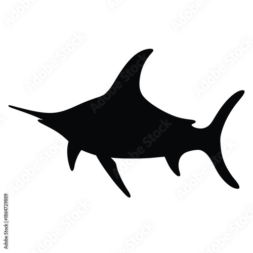 Minimalist black silhouette of a sailfish swimming against a white background