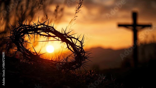 Silhouette of crown of thorns with blurred cross background at sunset for Easter and Good Friday religious concept