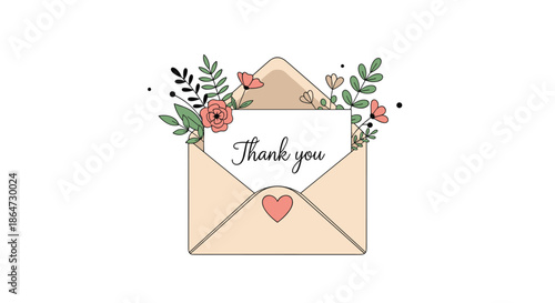 Elegant thank you card inside an open envelope decorated with colorful hand drawn flowers and leaves on a white background.