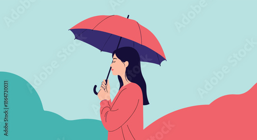 Side profile of a young woman holding a large red umbrella against a rainy backdrop with blue and pink stylized clouds.