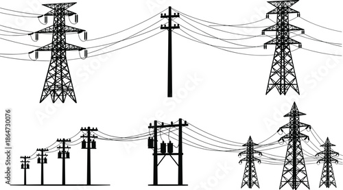 Electric power transmission towers and utility poles silhouette set showing high voltage lines energy infrastructure illustration isolated black white