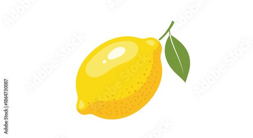 Ripe yellow lemon with a single green leaf attached to its stem isolated on a plain white background for culinary design.