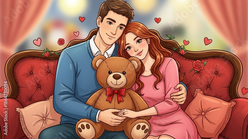 A cartoon illustration of a loving couple sitting on a couch with a teddy bear