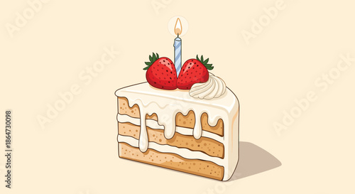 Layered slice of vanilla sponge cake topped with white frosting, two fresh strawberries, and a lit blue candle.