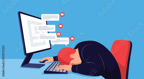 Man sleeping on his keyboard in front of a computer monitor with many message notifications popping up on a blue background.