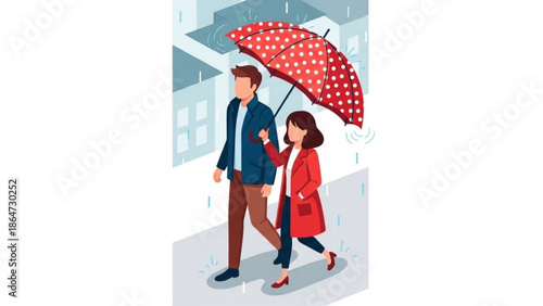 A couple walking together under a red polka dot umbrella on a rainy city street