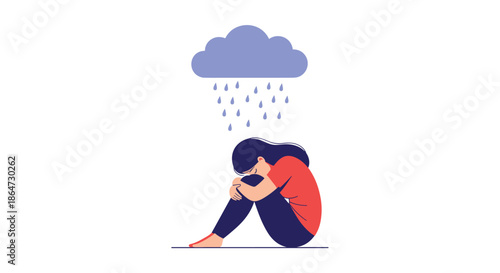 Sad woman sitting on the ground with her head on her knees under a small grey raining cloud against a white background.